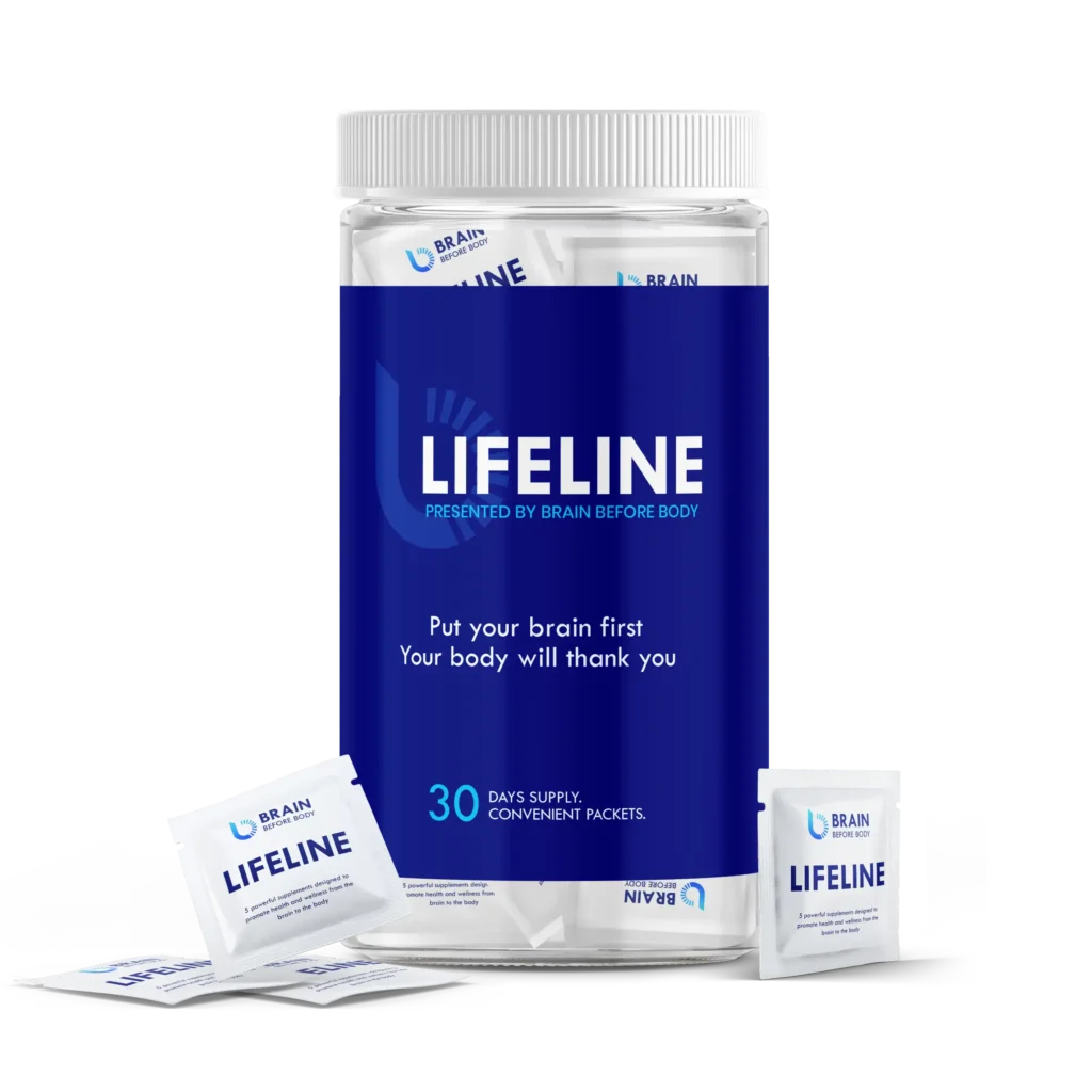 A bottle of Lifeline supplements with sachets outside of the bottles by Brain Before Body