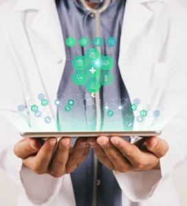 A doctor holding a tablet with medical icons on it