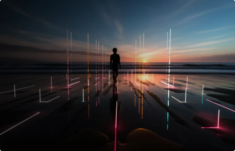 An image of a person standing on the beach at sunset