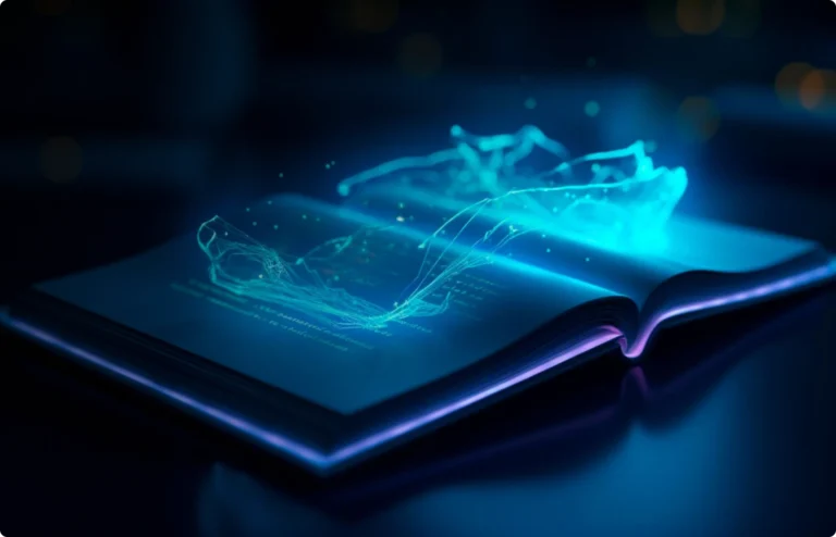 An open book with a blue light coming out of it